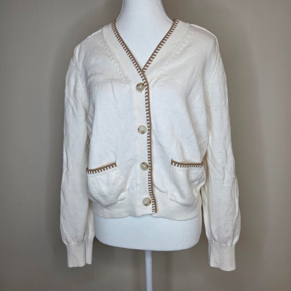 Loft Womens Small Cream Cotton Cottagecore Cardigan Sweater Waist Cropped